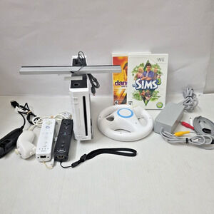 Nintendo Wii RVL-001 Console Bundle W 2 Controllers, Games, 2 Nunchucks, 1 Wheel